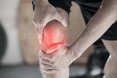 Buy stock photo Hand, knee pain and injury with the leg of a man in red highlight during a fitness workout. Healthcare, medical and anatomy with a male athlete holding a joint after an emergency in the gym closeup