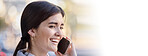Smile, phone call and woman in office with mockup, bokeh and networking with communication on banner space. Consulting, chat connection and happy agent talking on cellphone, business conversation.