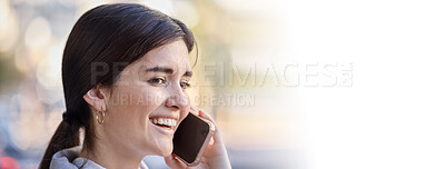 Buy stock photo Smile, phone call and woman in office with mockup, bokeh and networking with communication on banner space. Consulting, chat connection and happy agent talking on cellphone, business conversation.