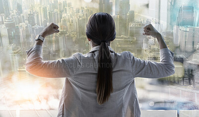 Buy stock photo Power, overlay and business woman in a city office flexing for corporate company success and with winning mindset. Buildings, innovation and back view of entrepreneur with a future of growth or goal
