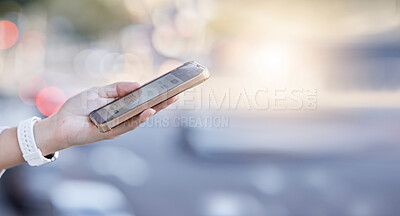 Buy stock photo Woman, hands and phone in the city for communication, networking or social media in street. Hand of female person in road on mobile smartphone for online browsing, texting or chatting in a urban town