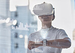 Vr, 3d or woman with smart watch, hologram or graphs data for charts info or online update in office. Virtual reality, metaverse or girl developer with futuristic time device for web innovation