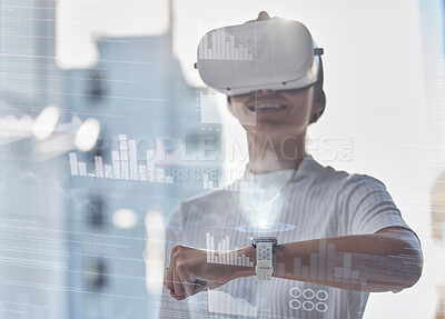 Buy stock photo Vr, 3d or woman with smart watch, hologram or graphs data for charts info or online update in office. Virtual reality, metaverse or girl developer with futuristic time device for web innovation
