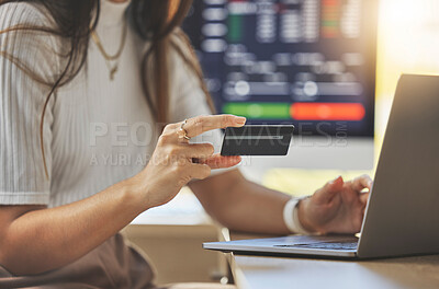 Buy stock photo Credit card, laptop or hands of woman on stock market or cryptocurrency website for financial payment. Digital, fintech or girl trader trading or typing online for money or savings investment growth