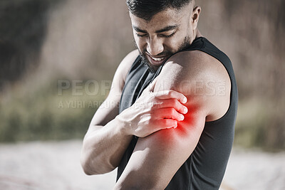 Buy stock photo Man, shoulder pain and fitness, injury and red overlay, hurt and medical emergency with muscle inflammation. Male athlete, strain with glow and health problem, mockup space and exercise accident