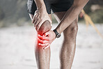 Knee pain, red and running person with medical injury, fitness or sports anatomy problem in nature training. Cardio, workout or exercise risk of runner, athlete or people check muscle or legs overlay