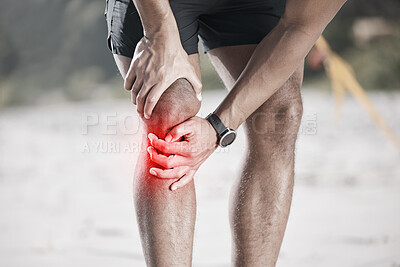 Buy stock photo Knee pain, red and running person with medical injury, fitness or sports anatomy problem in nature training. Cardio, workout or exercise risk of runner, athlete or people check muscle or legs overlay