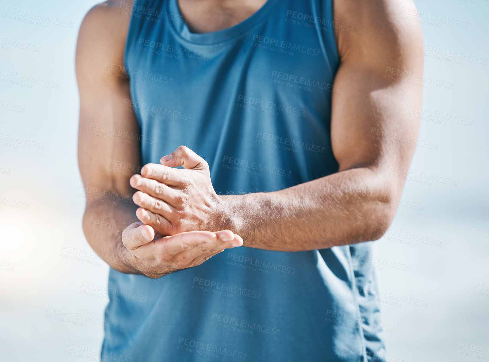 Buy stock photo Hands, fitness and sign language with a sports man outdoor on a blurred background for a cardio workout. Exercise, motivation and health with a male runner or athlete in nature for endurance training