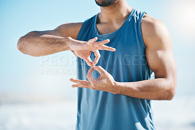 Buy stock photo Hands, exercise and sign language with a sports man outdoor on a blurred background for a cardio workout. Fitness, motivation and health with a male runner or athlete in nature for endurance training