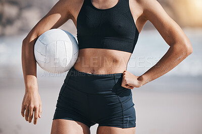 Woman, volleyball and sports body on beach for workout exercise or training by the ocean coast. Active female person with ball in fitness for volley practice by sea or healthy wellness in nature