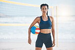 Volleyball, fitness and portrait of woman on beach ready for exercise, training and workout for game. Sports, motivation and female athlete with ball by ocean for practice, match and competition