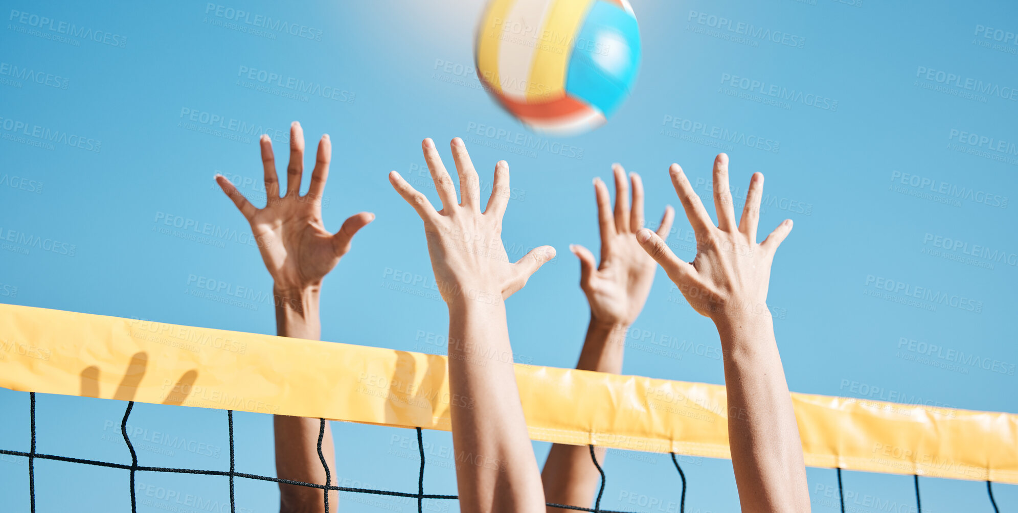Buy stock photo Volleyball, hands and net with sports and fitness, people outdoor playing game with blue sky and summer. Exercise, athlete and group, match with ball and active, workout and team with tournament