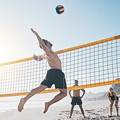 Woman Jump Volleyball Air Beach Net Serious Sports Match Game