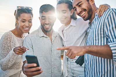 Buy stock photo Outdoor, friends and social media with smile in the sun happy with phone and meme laugh. Young people, together and mobile connection with video watching and live streaming with internet and web app