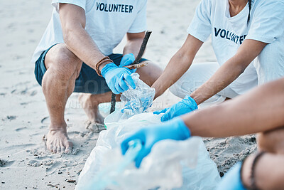 Buy stock photo Volunteer, hands of people cleaning beach for world earth day with nature care and kindness for natural environment. Help, recycling and ngo team picking up plastic waste and pollution on ocean sand.