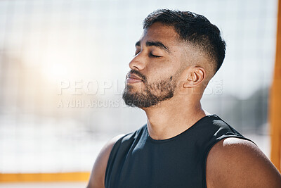 Buy stock photo Thinking, fitness and man at volleyball on beach ready for exercise, training and workout for game. Sports, nature and face of Indian male person breathe outdoors for practice, match and competition