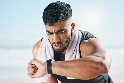 Buy stock photo Man, fitness and checking watch for performance on break after workout, running or training in nature. Fit, active or sporty male person looking at wristwatch for monitoring body exercise in outdoors
