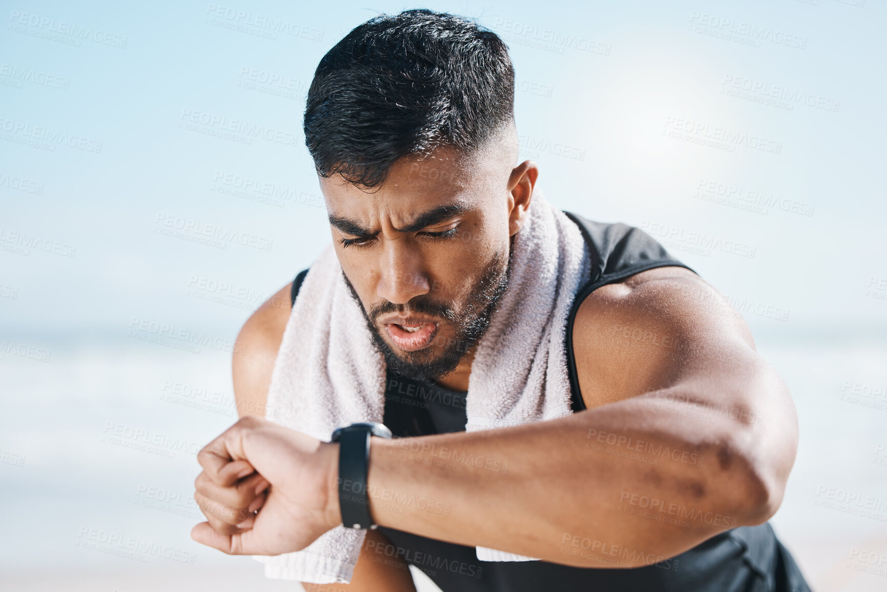 Buy stock photo Man, fitness and checking watch for performance on break after workout, running or training in nature. Fit, active or sporty male person looking at wristwatch for monitoring body exercise in outdoors