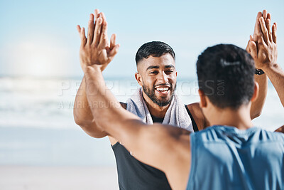 ?High five, training success and people at beach celebration, winning and workout goals or teamwork. Fitness, exercise and sports men, personal trainer or athlete friends, hands together and support