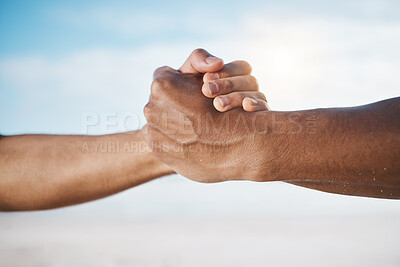 Buy stock photo Man, handshake and partnership for deal, agreement or unity in community, trust or support in the outdoors. Men or friends shaking hands in teamwork for collaboration, celebration or cooperation