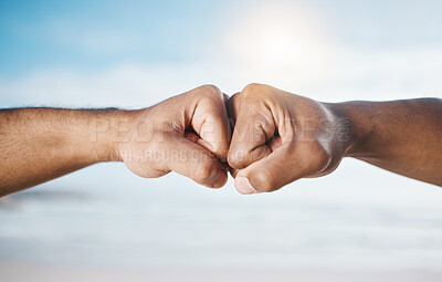 Buy stock photo Man, hands and fist bump for partnership, unity or collaboration in deal or agreement outdoors. Hand of men or friends bumping fists for community, mission or goals together in solidarity or success