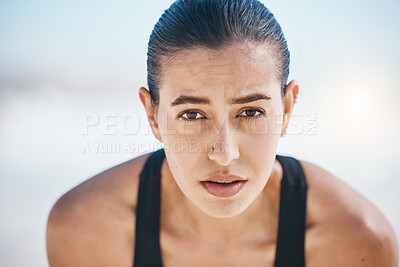 Buy stock photo Portrait, fitness and woman outdoor, exercise and workout goals with wellness, health and focus. Face, female person or athlete with training, commitment or sports with motivation, breathing or relax