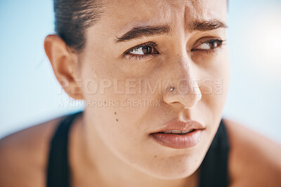 Buy stock photo Face, breathing and tired woman on fitness break outdoors after training, running or intense cardio workout. Sports, fatigue and female runner stop to breathe, exhausted and dehydrated from exercise