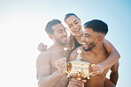 Celebration, winner and happy volleyball team on the beach with a trophy for goals, success or achievement. Winning, celebrate and group of athletes together by ocean or sea on a summer weekend trip.