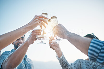 Buy stock photo Happy, friends and hands toast with champagne, having fun and bonding at sunset. Smile, group and people cheers with wine glass, alcohol and drink for celebration on holiday, summer party and mockup.
