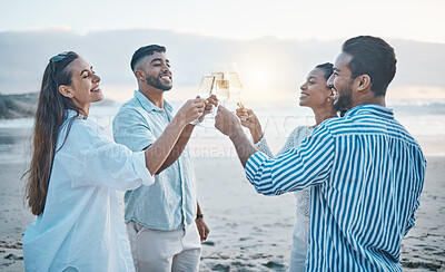 Buy stock photo Friends, smile and toast with champagne on beach, having fun and bonding at sunset. Ocean, group and people cheers with wine glass, alcohol and drink for celebration on holiday, summer party and sea.