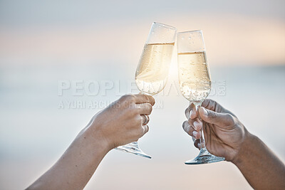 Buy stock photo Sunset, couple and hands toast with wine glass, having fun or bonding together on mockup space. Vacation, champagne and people cheers with alcohol drink for celebration on holiday, summer or party.