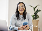 Technology, portrait of happy businesswoman with smartphone and at her desk in a modern office. Online communication or digital connectivity, internet researching and cheerful woman with cellphone