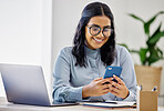 Phone, office or happy woman on social media in online conversation, typing sms or checking email. Businesswoman, mobile app or accountant on web chat for blog post or networking on break at job 