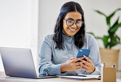 Buy stock photo Phone, office or happy woman on social media in online conversation, typing sms or checking email. Businesswoman, mobile app or accountant on web chat for blog post or networking on break at job 