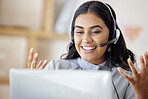 Contact us, call center or happy woman on laptop in communication or talking for customer service. Girl virtual assistant, crm or telemarketing sales agent explaining online in telecom tech support