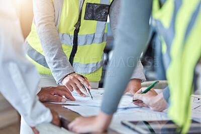 Buy stock photo Planning, blueprint and engineering people hands for meeting, teamwork and construction design or collaboration. Paper, floor plan and person or group with sketch ideas, brainstorming or architecture