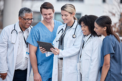 Buy stock photo Tablet, doctors and nurses in healthcare, hospital and outdoor for clinic management, research and teamwork. Group, telehealth and medical staff, mentor or people on digital technology for video call