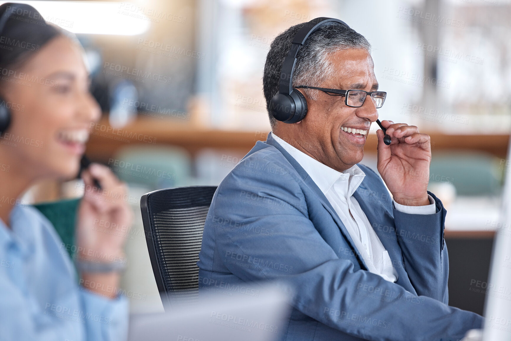 Buy stock photo Funny, call center and senior man in office for communication, support and contact us for customer service. Advisory, telemarketing and sales agent, consultant and professional laughing in help desk.