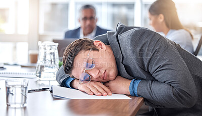 Buy stock photo Sleeping, tired and business man in meeting for overworked, exhausted and stress. Mental health, fatigue and burnout with male employee in office for insomnia, conference and time management 