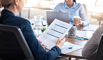Buy stock photo Business people, finance or hands on documents in meeting for tax auditor sales growth in office. Analytics, paperwork or accounting manager with accountant for financial research analysis together