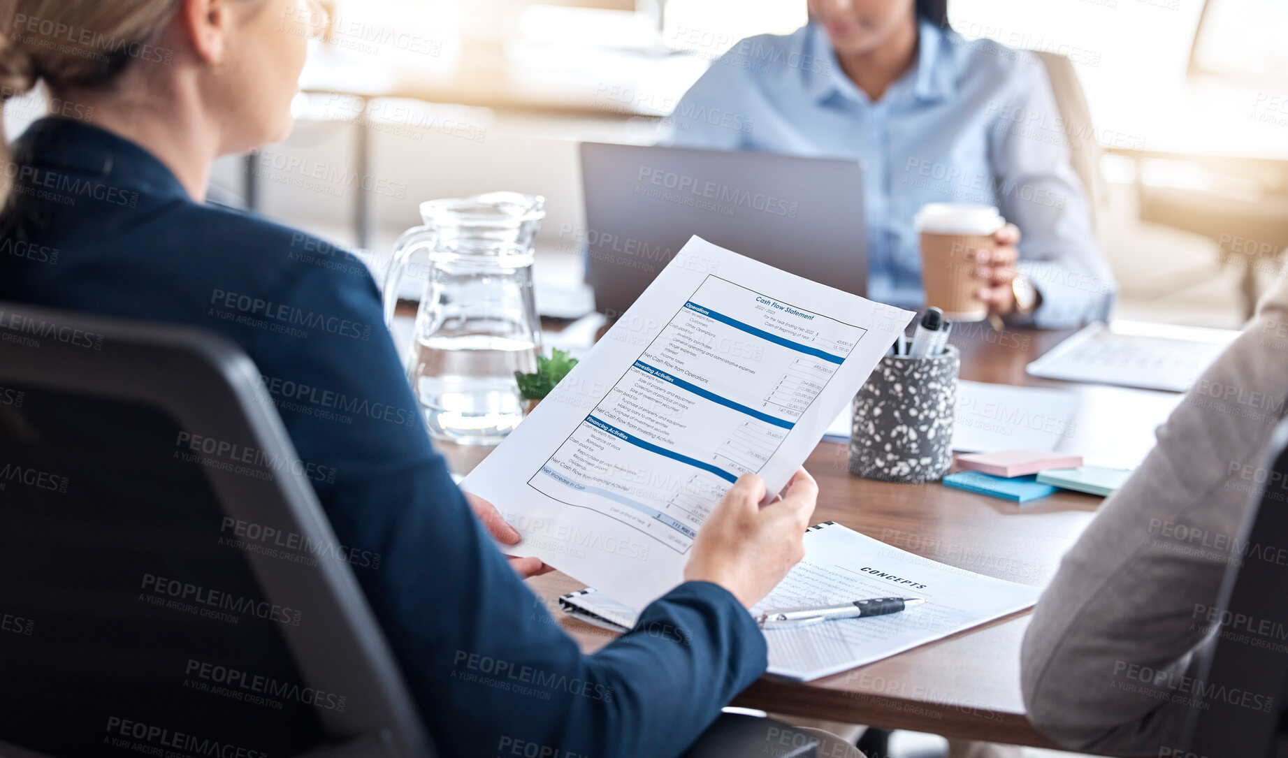 Buy stock photo Business people, finance or hands on documents in meeting for tax auditor sales growth in office. Analytics, paperwork or accounting manager with accountant for financial research analysis together