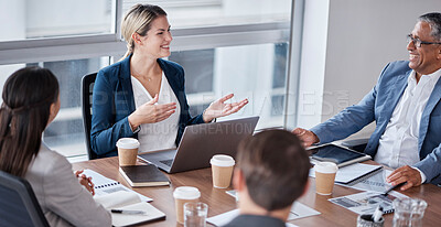 Buy stock photo Business meeting, finance and people talking, planning budget and report for company revenue and job teamwork. Documents, laptop and accountant manager, woman or group, project or financial proposal