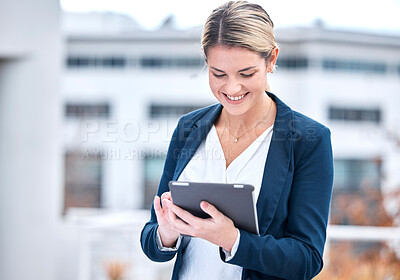 Buy stock photo Happy, business and a woman with a tablet in the city for communication, email or typing on the web. Smile, chat and a corporate employee with tech for a work app, social media or reading information