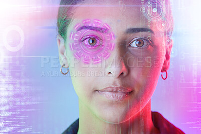 Buy stock photo Cyber security, face and eye of woman with biometric password in the metaverse, overlay and futuristic technology. Safety, digital and young person online for facial recognition or verification