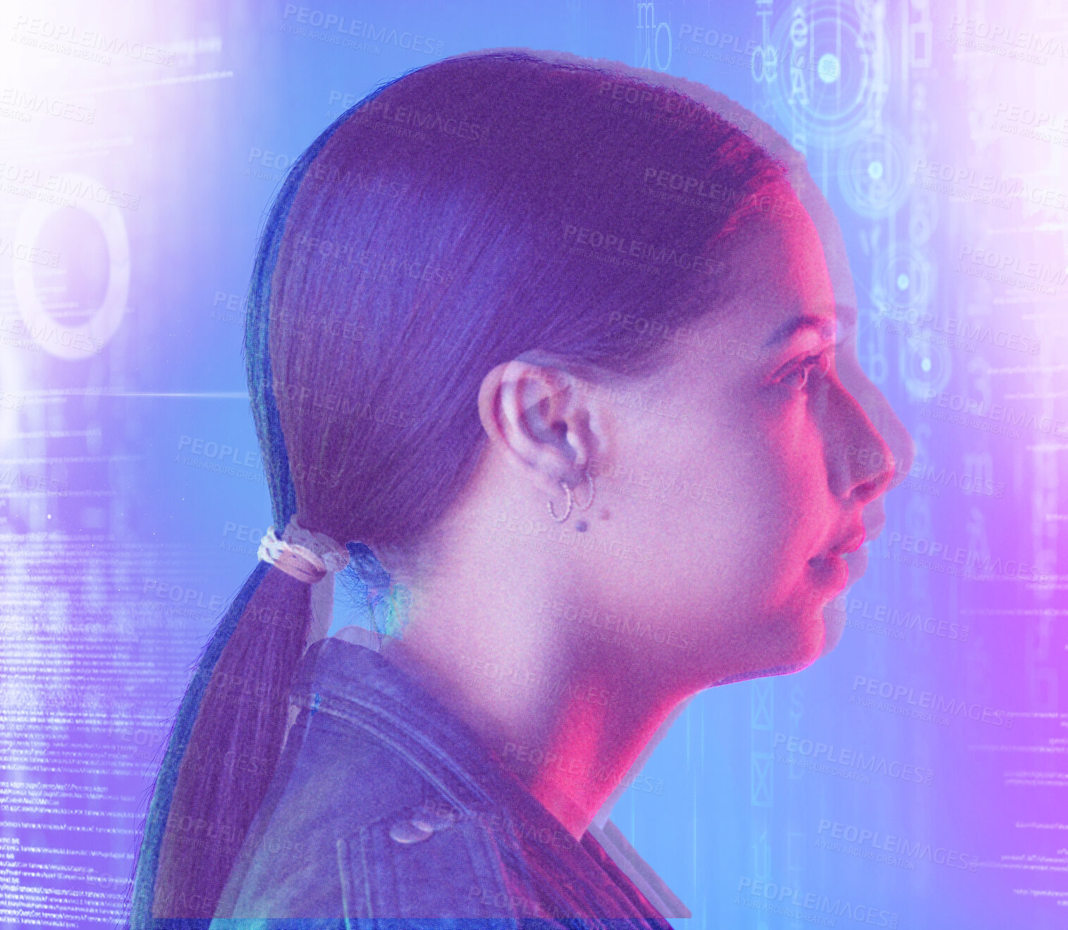 Buy stock photo Neon, hologram screen and face of woman in studio for cyberpunk, metaverse and user experience. Virtual reality, futuristic and profile of female person with software overlay for facial recognition