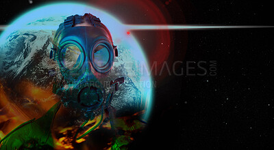 Buy stock photo gas mask, earth and pollution in air, space and planet in apocalypse, climate change and global warming with toxic atmosphere. Globe, crisis and futuristic world with problem breathing or environment