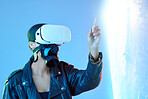 Woman, point and virtual reality glasses in studio with holographic explosion, game or tech in metaverse. Girl, futuristic ar goggles and gas mask in digital transformation, vision or user experience