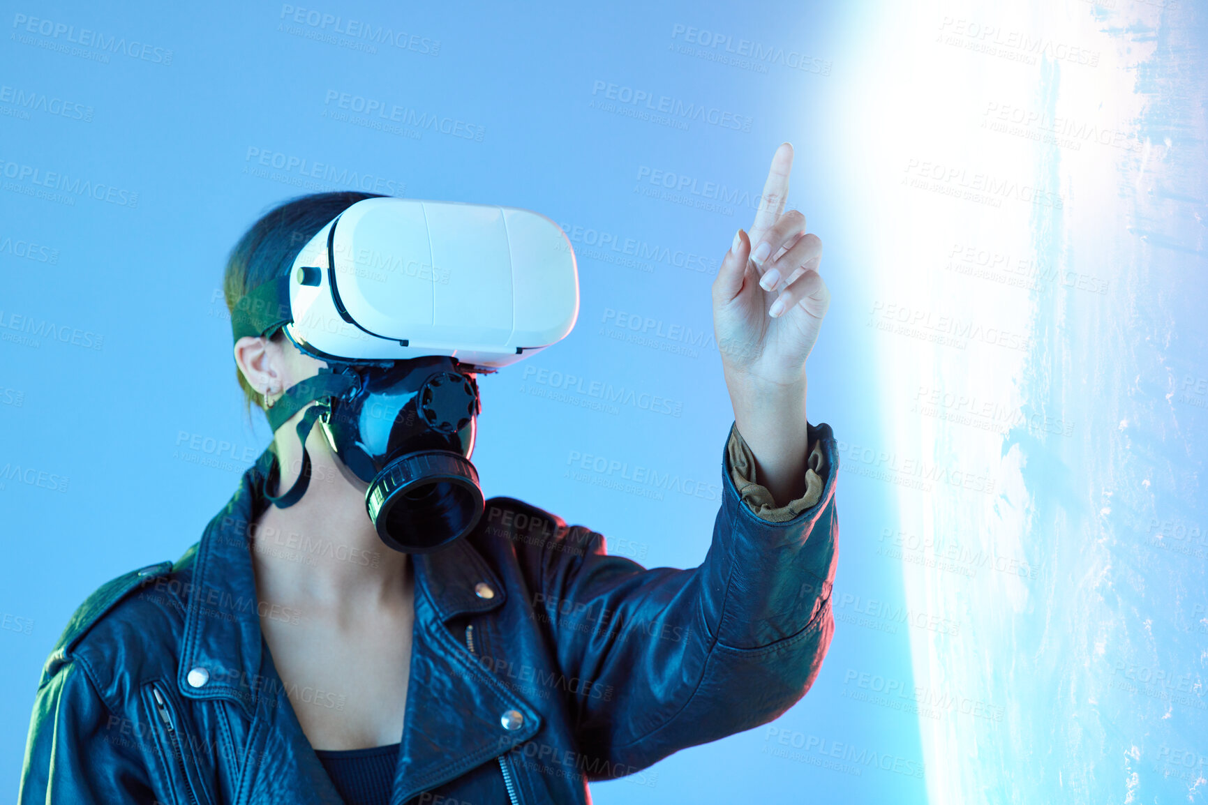 Buy stock photo Woman, point and virtual reality glasses in studio with holographic explosion, game or tech in metaverse. Girl, futuristic ar goggles and gas mask in digital transformation, vision or user experience