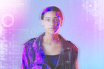 Buy stock photo Neon, hologram screen and portrait of woman in studio for cyberpunk, metaverse and user experience. Virtual reality, futuristic and face of female person on blue background with software overlay
