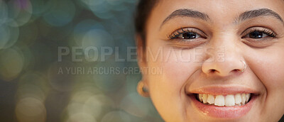 Buy stock photo Face, smile and portrait of woman designer happy and proud with bokeh, mockup and confident with work. Head, looking and young female person with positive mindset, inspiration and motivation
